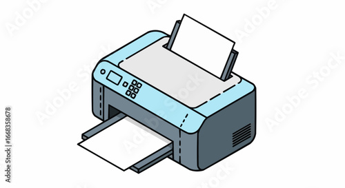 Isometric illustration of a light blue printer with paper output and input trays.