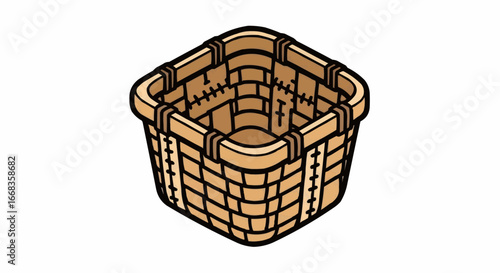 Illustration of a woven wicker basket, empty and isolated on white.