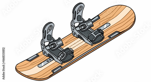 An illustration of a wooden snowboard with dark bindings, ready for winter sports activities on the slopes.
