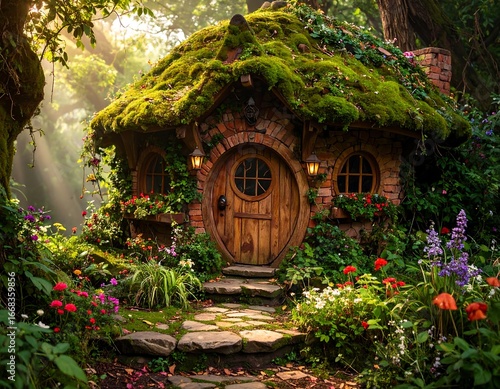 A charming, moss-covered cabin nestled in a lush garden bathed in golden sunlight, featuring a round wooden door and vibrant floral displays.