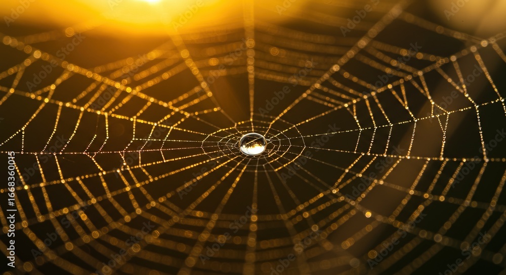 Fototapeta premium Stunning golden spider web with glistening water droplet reflecting the morning sunlight