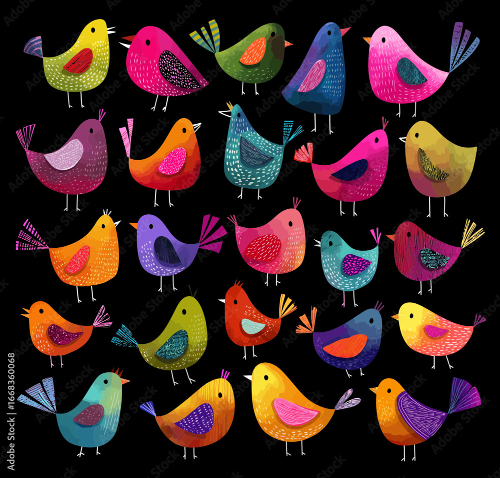 Obraz premium Cartoon birds in a cute doodle style, with simple shapes and vector illustration on a black background. Featuring many poses and expressions, in colorful, happy hues.