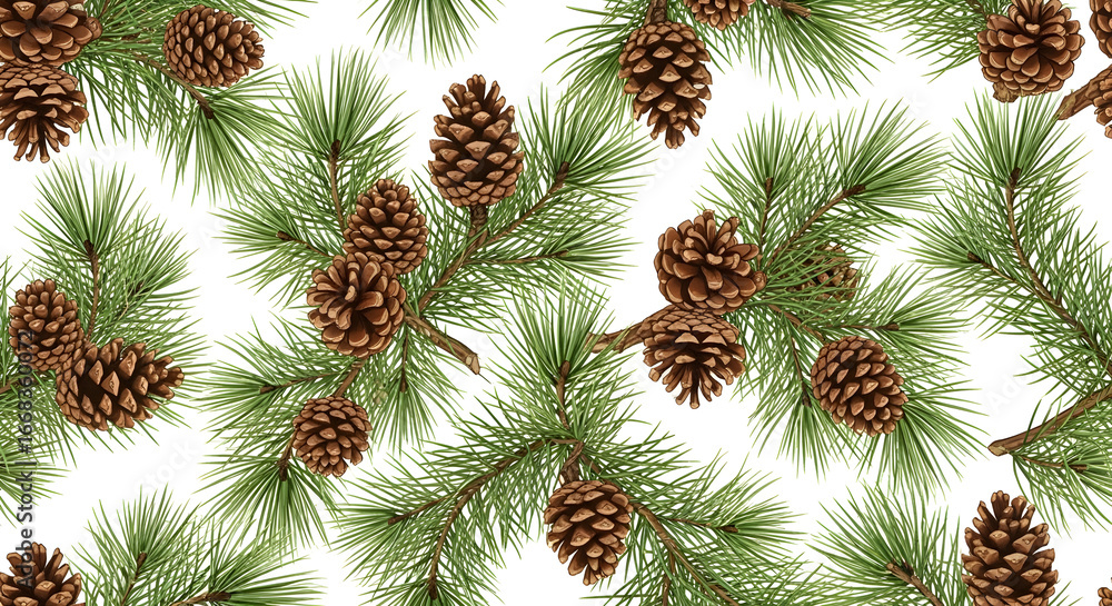 Fototapeta premium Rustic Pinecones and Evergreen Pine Needles Seamless Pattern — Christmas Woodland Background for Wrapping Paper, Textile, Scrapbooking, Holiday Crafts