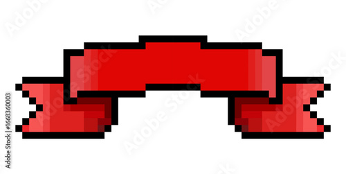 Pixel ribbon vector for awards, banners, and digital decorations. Useful for illustrating a fun, retro, 8-bit aesthetic for a celebration or an achievement.