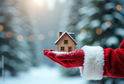 Santa Claus' hand holding a toy house in the palm of his hand