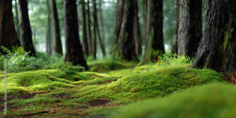 Obraz premium Green moss covering forest floor with tall tree trunks in peaceful natural woodland environment