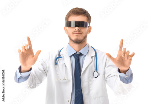 Male doctor in AR glasses u...