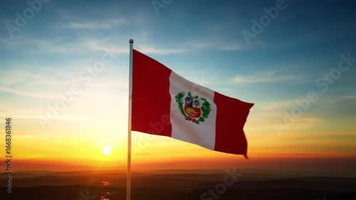 Peruvian flag waves at sunset. Patriotic scene shows colors of Peru