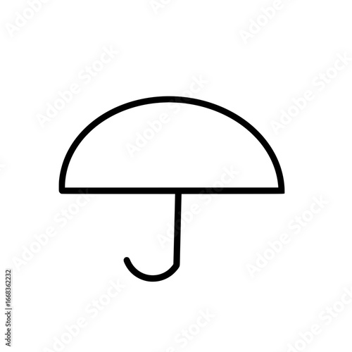 A simple black outline illustration of an umbrella with a curved handle on a white background space showing