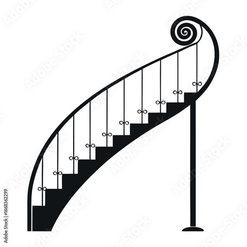 Black wrought iron spiral railing grill for staircase.eps