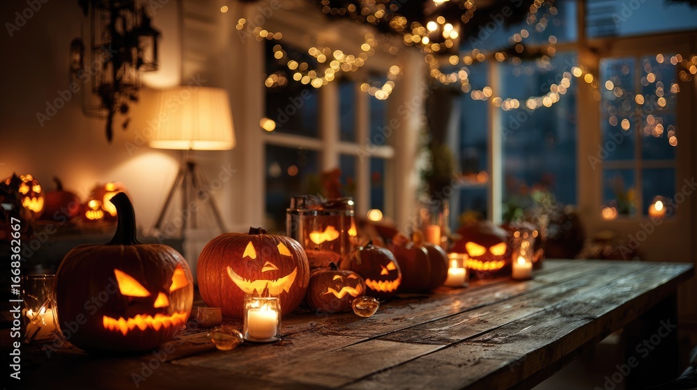 Obraz premium Jack-o'-lanterns illuminating a rustic Halloween table setting