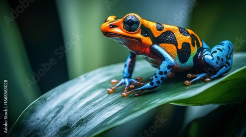 A vibrant poison dart frog perched on a large, glossy green leaf, showcasing its colorful skin patterns.