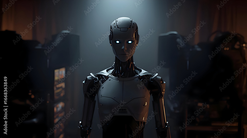 Naklejka premium Powerful futuristic robot android with an intelligent glowing face stands in dark studio, displaying serious and determined expression