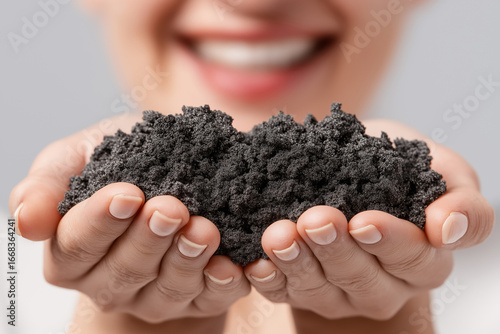Woman holding black sand in hands with smile visible in background