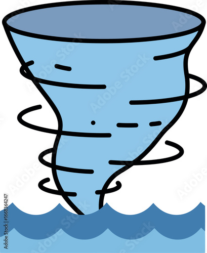 Dynamic cartoon tornado over wavy blue water destructive natural phenomenon vector