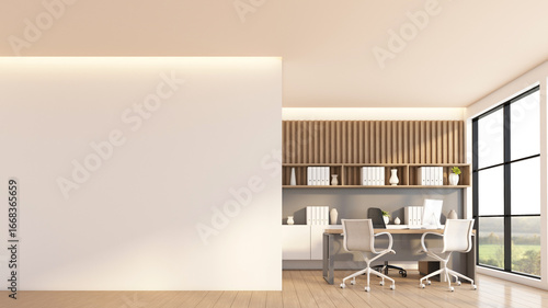 Empty room with manager's desk and chair set, wooden slat wall and built-in wooden cabinet. 3d rendering