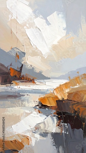 A landscape painting, showcasing a serene coastal scene, depicted in textured strokes of warm neutrals and cool grays.