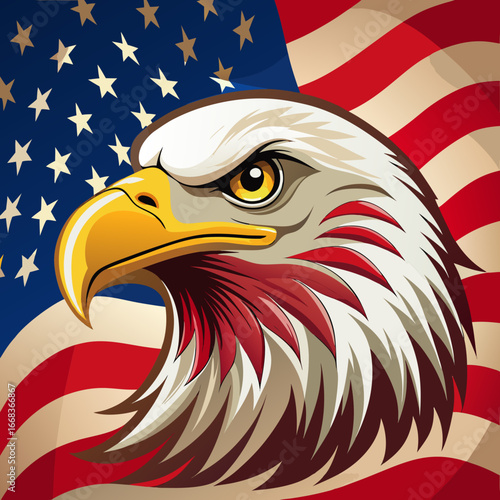 Stylized bald eagle head illustration facing left with american flag background vector art vector
