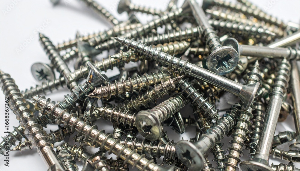Close-up view of numerous metallic wood screws scattered on a white surface. Close-up view of numerous metallic wood screws scattered on a white surface.