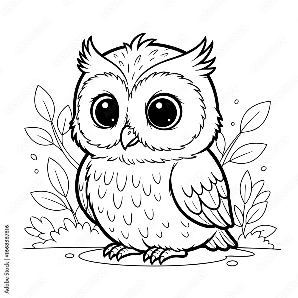 Fototapeta premium Cute cartoon owl with big eyes surrounded by leaves, ideal for children's books, educational materials, or playful designs that bring joy