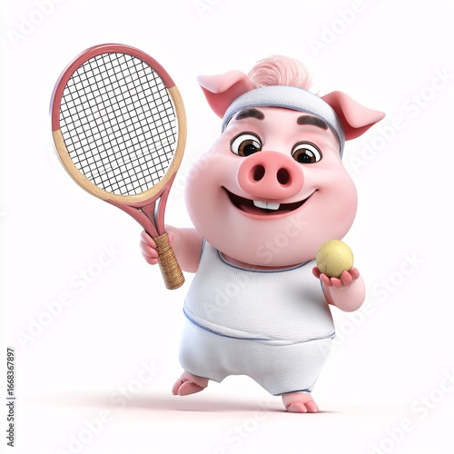 Playful 3D Pig with Tennis Racket and Ball on White Background