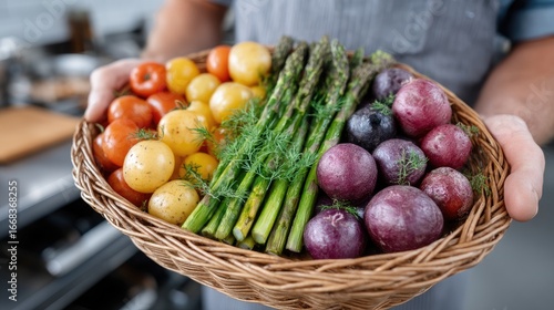 Hands Holding a Basket of Colorful Organic Vegetables