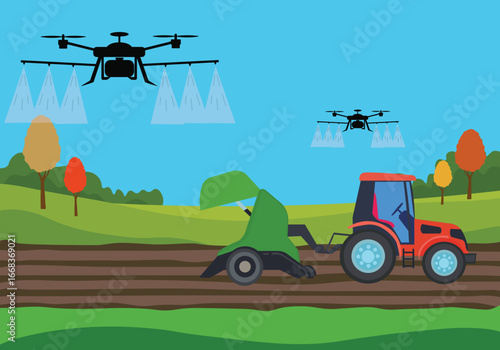 Agriculture and Farming. Activities of drone spray at farmland. Technology for plantation and agricultural concept
