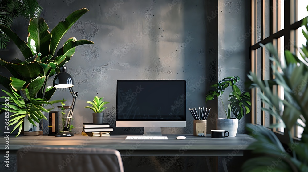 Fototapeta premium Cozy home office interior with computer, plants, and concrete wall, creating a minimalist and stylish workspace for work and creative endeavors