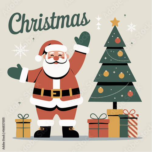 Retro-style Christmas card with Santa Claus, Christmas tree, gifts, and classic typography, nostalgic holiday vector perfect for 2025 festive posters, cards, and traditional seasonal designs.