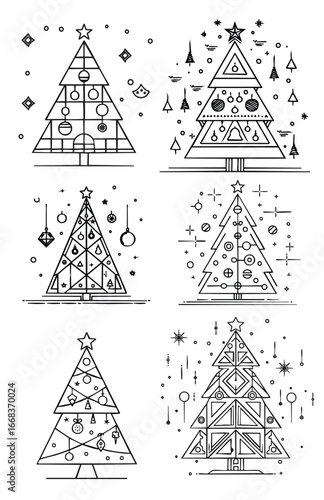Minimalist line art Christmas tree set with geometric decorations, modern black and white style, trendy for posters, cards, wrapping, social media, and contemporary festive design.
