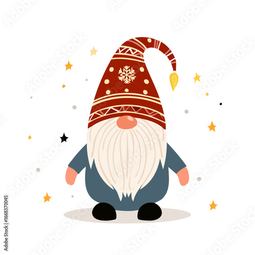 Cute Scandinavian Christmas gnome with red hat and white beard, minimal flat vector style, trendy for Christmas cards, posters, stickers, children’s holiday designs, and festive decor.