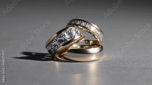 matched set of wedding bands crafted from two-toned gold with matte finish and inset diamonds
