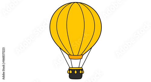 Illustration of a yellow hot air balloon flying high in the sky, adventure and travel concept art design on transparent background