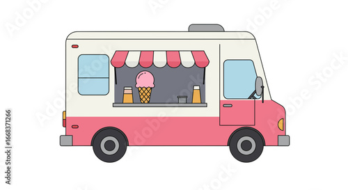 Illustration of ice cream truck vehicle food truck dessert summer treat sweet shop mobile vendor service on transparent background