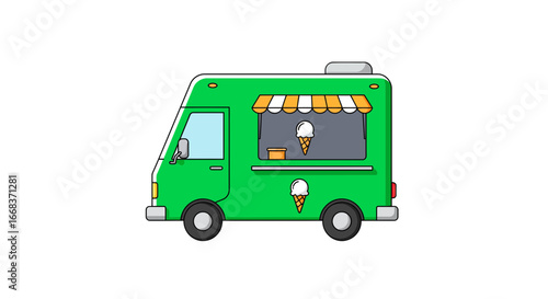 Green ice cream truck vehicle dessert sweet summer food cone mobile shop cartoon illustration design graphic on transparent background