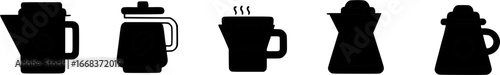 Collection of stylized black silhouettes of various coffee and tea containers