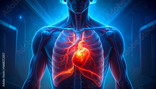 Anatomical illustration of a glowing human heart within a skeletal and vascular system, symbolizing life and health