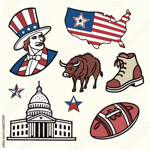Diverse american symbols collection vector illustration patriotic united states icons scalable graphics vector