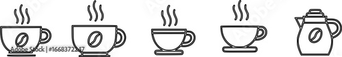 Collection of black and white line art icons featuring hot coffee cups and a pot.