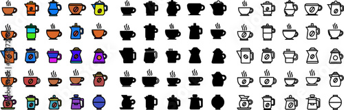 Various coffee icons: cups, pots, and makers in filled, silhouette, outline.