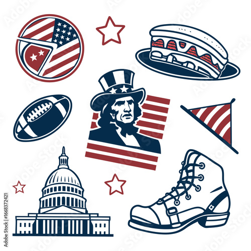Iconic american symbols vector collection featuring flag capitol building football uncle sam and dessert vector