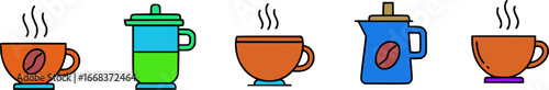 Stylized vector collection of various coffee cups, travel mugs, and a pot for hot drinks.