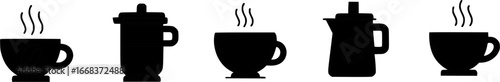 Collection of black silhouette icons of hot coffee, tea cups, mugs, and pots with steam.