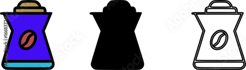 Vector set of coffee pot icons: flat, silhouette, and outline with bean.