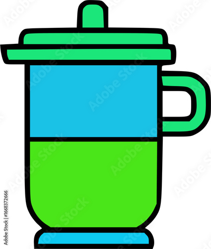 Simple flat design of a colorful lidded mug or sippy cup in blue and green.