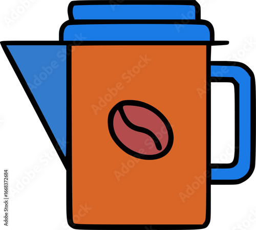 Colorful hand-drawn coffee pot with a coffee bean logo on the side.