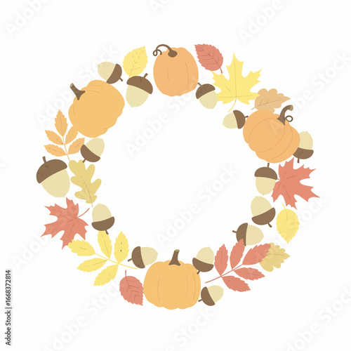 Autumn harvest wreath with pumpkins acorns and colorful fall leaves illustration.