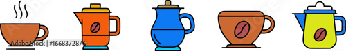 Collection of colorful cartoon coffee cups and pots for morning brew.