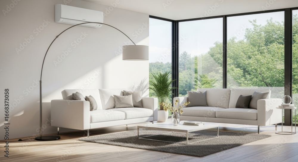 Naklejka premium A Sophisticated Living Room with Minimalist D?cor, flooded with natural light
