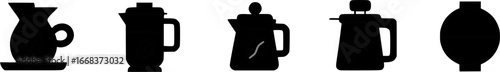 Minimalist black silhouettes of coffee brewing and serving equipment.